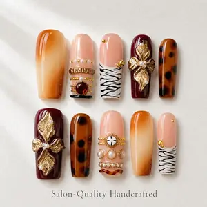 Press On Nails Medium Coffin, 10 Pieces Luxury Handcrafted Fake Nails with 3D Gold Flowers, Rhinestones, Pearls, Tortoiseshell Print, and Zebra Pattern Accents