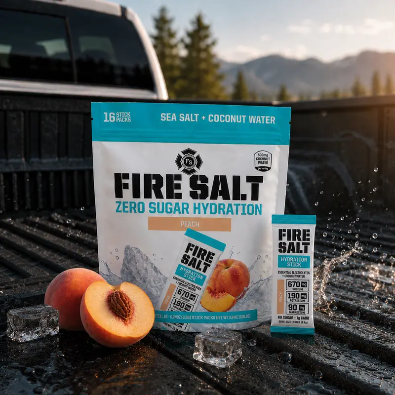 FIRE SALT PEACH Hydration Sticks - Essential Electrolytes & Coconut Water - Zero Sugar - Sport Energy Drink Mix - Natural Ingredients - 3x Electrolytes - Ideal for Intense Activities - Beverage, 16 or 32 ct.