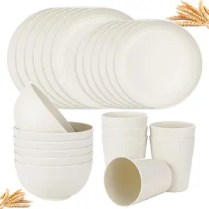 24 count Wheat Straw Dinnerware,Unbreakable Dinner Plates Set,Microwave Dishwasher Safe,Beige  Plates for Picnic,Birthday,Camping