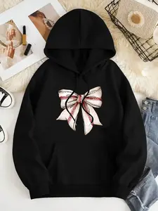 Women's Bowknot Print Drop Shoulder Hoodie, Fashion Casual Drawstring Pocket Hooded Sweatshirt for Daily Holiday Outdoor Wear, Women Clothing for Fall & Winter