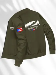 Men's Puerto Rico Flag Print Pilot Jacket, Fitted Zipper Coat, Winter Jacket, Casual Style for Leisure and Cultural Events, Geometric, Long Sleeve, Menswear