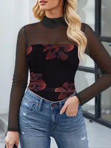 Women's New Fabric High Neck Mesh Casual Patchwork Design Fashion Long Sleeve Top, Spring & Fall Fitted Cartoon Style