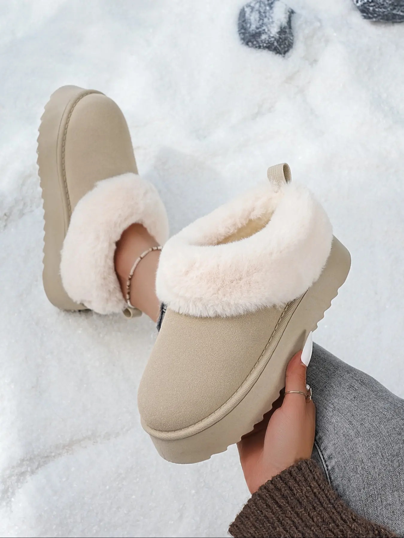 Women's Fashionable Fleece Lined Thick Sole Rubber Half Slippers, Plush Turn-Over Edge, One-Piece Design, Fall Winter Home/wear Jeans Footwear