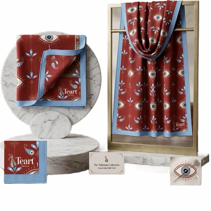 Teart The Talisman Collection Hand Rolled Silk Twill Scarf with Evil Eye Motif Red and Blue Design