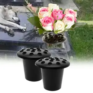 2Pcs Black 16-Hole Cemetery Flower Pots, Memorial Graveyard Vases with Lids, Low-Profile Planters for Gravesite & Outdoor Decor
