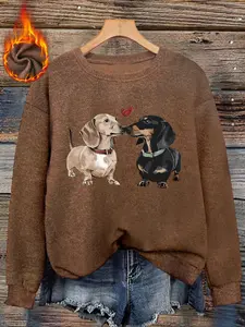 Women's Warm Knitted Sweatshirt, Cute Dachshund Print Crew Neck Long Sleeve Top, Autumn and Winter Base Layer, Cartoon Dog Geometric Pattern Casual Versatile Pullover Sweatshirt, Knitwear, Womenswear