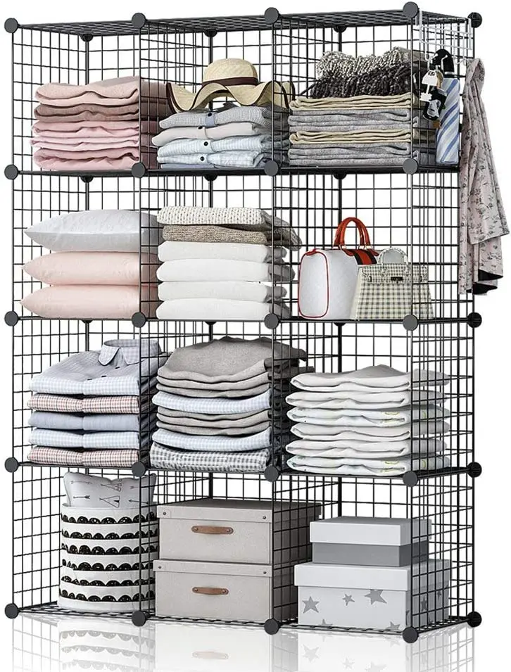 Wire Panel Storage Shelves. Patented Interlock Cubes, Free-standing or Wall-hanging, Select from 14" or 16" cubes, Black or White. (12 Cubs)