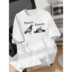 Pigeon-Themed Graphic Print American Streetwear Design Graffiti Letter Print Short-Sleeve T-Shirt for Both Men And Women, Perfect for Couples in High Street Fashion