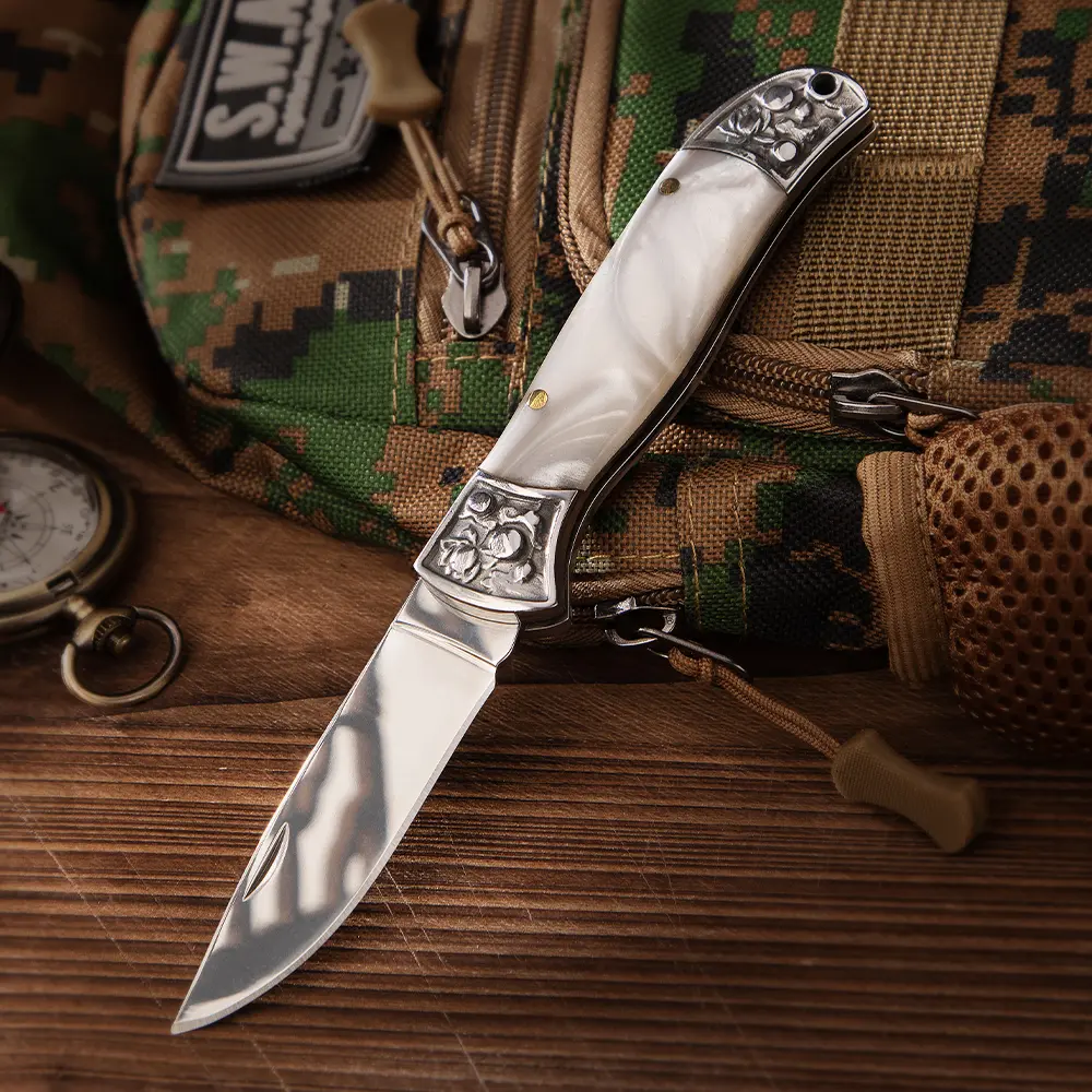 Folding Knife with Pearl Shell Handle and Stainless Steel Blade, 2.75" Durable Steel Tool for Camping, Outdoor Cooking, and Kitchen Use, 2.75" Blade, Outdoor Gear, Cooking Tasks, Thick