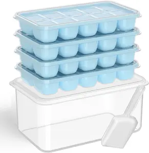 Ice Cube Tray with Lid and Bin, 4 Pack  Plastic Ice Cubes Trays for Freezer with Box/Container, Stackable with Storage Iced Bucket Kits, Scoop, for  , , Coffee