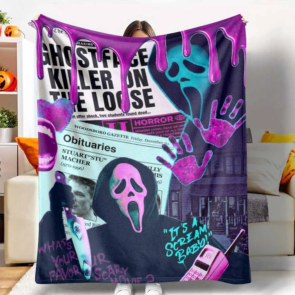 Neon Ghostface Horror Flannel Blanket - Multi-Size Anti-Pilling Wrinkle Resistant Fabric, Retro Newspaper Graffiti Art Print, Soft Warm Cozy Setup, 30 to 39 in Throw, Folds Small for Bag, Halloween Decor Gift for Horror Lovers, Indoor/Outdoor