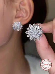 S925 Sterling Silver Snowflake Stud Earrings, Hypoallergenic Cubic Zirconia Flower Earrings, Sparkling Marquise Cut CZ Studs for Women, Wedding Party Jewelry Gift