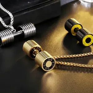 Men's Dumbbell Fitness Necklace Stainless Steel Barbell Pendant European Fashion Accessories For Men