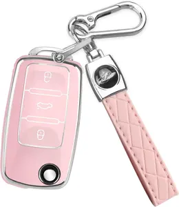 for VW Car Key Fob Cover with Keychain, Soft TPU Car Key Case  for Volkswagen Beetle Gti Jetta Passat Tiguan (pink)