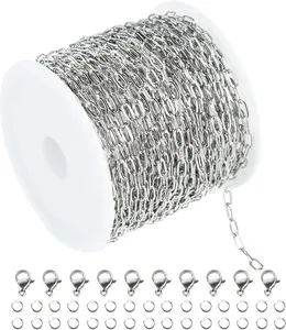 UMAOKANG 10 Meters Silver Steel Small Paper Clip Link Chain with 30 Open Jump Rings 10 Lobster Clasps Bulk for Necklace Choker Jewelry Making