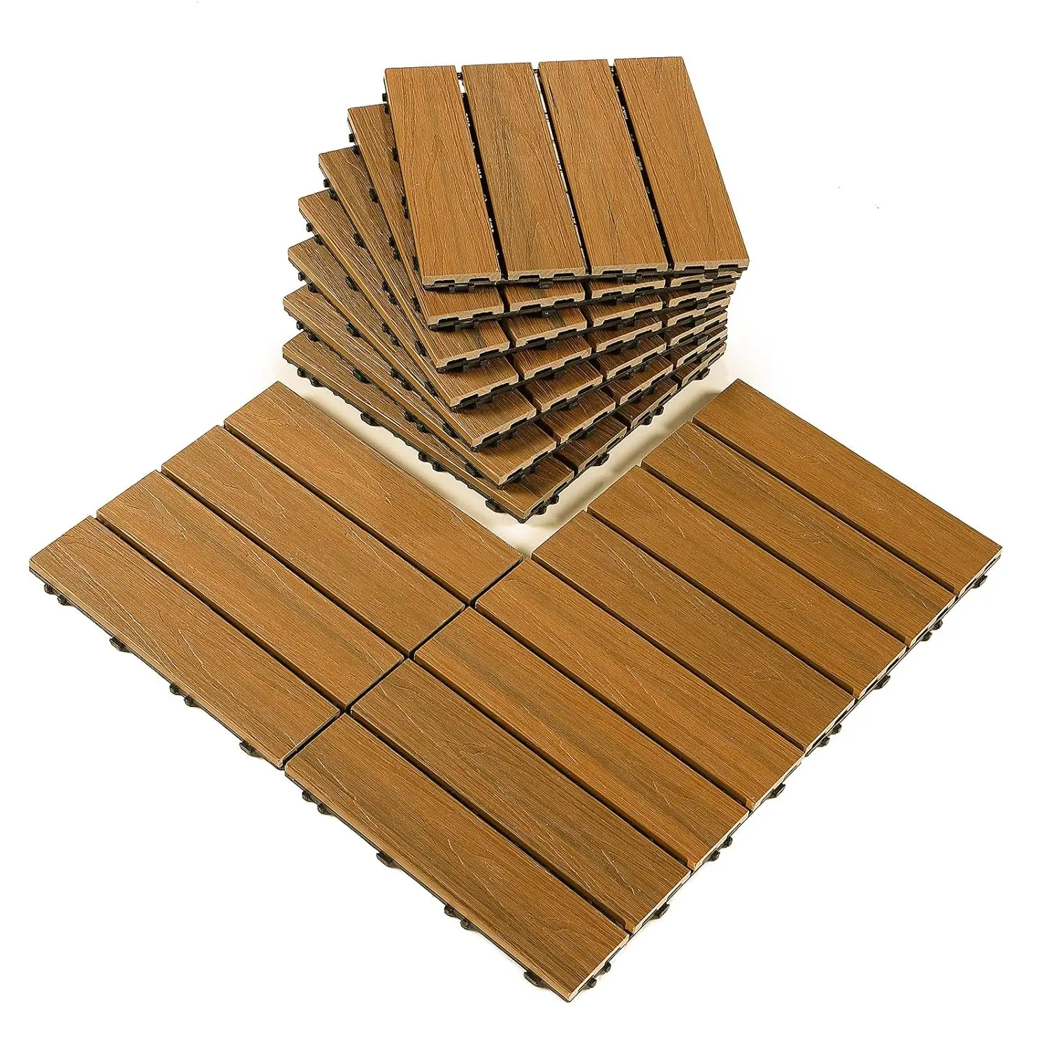 Wood Composite Interlocking Floor Deck Tiles Indoor Outdoor Use 12"x12" (10Pcs, 10 sq. Ft, Light Brown Maple Wood Pattern) - Great Upgrade to Patio Backyard Pathway