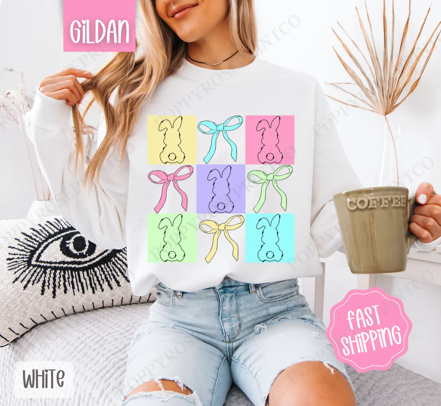 Bows and Bunnies Sweatshirt, Cute Easter Crewneck, Trendy Bunny Women's Sweater, Gift for Her