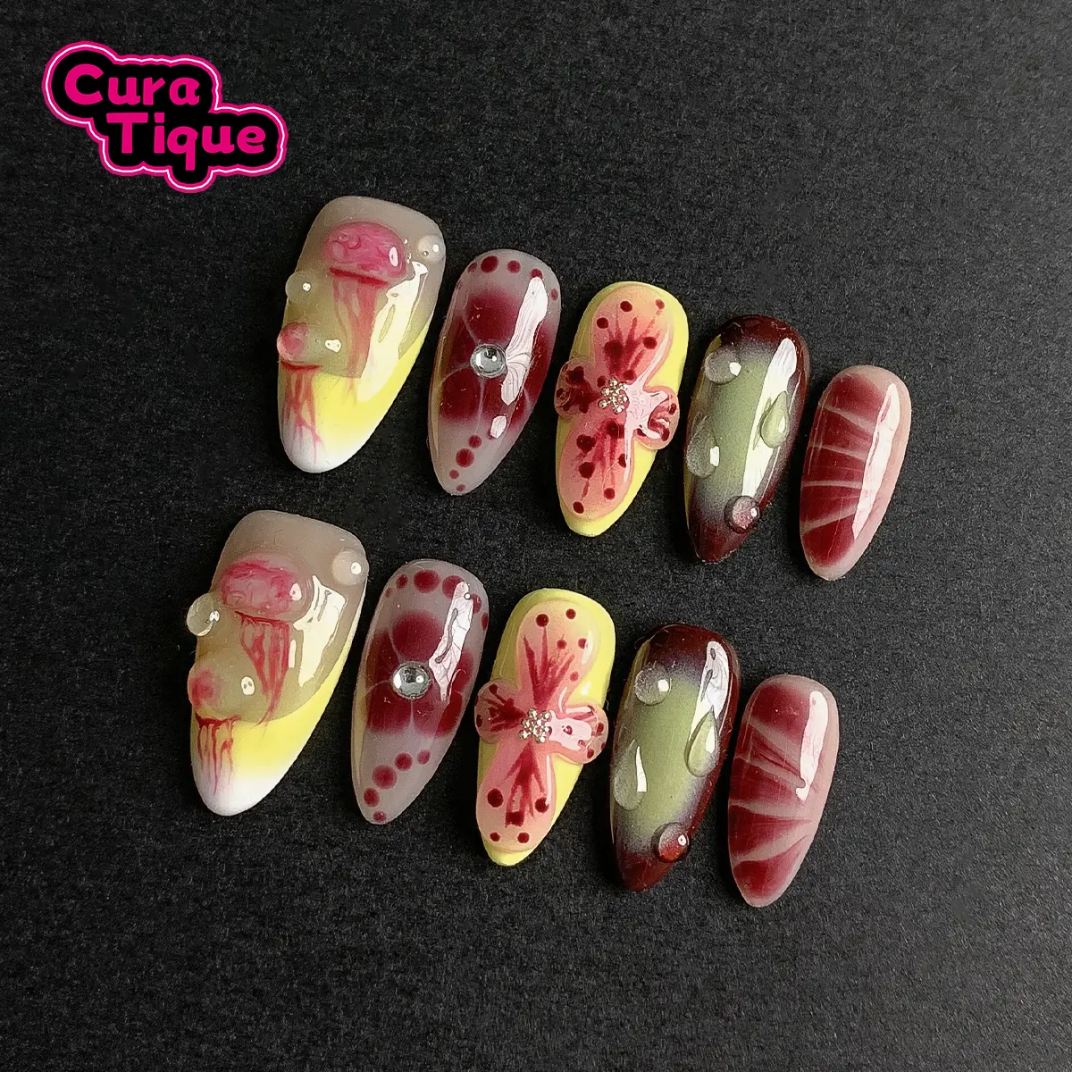 CuraTique | Blooming Gems 10PCS Handmade Press On Nails REUSABLE 3D Gel spring/summer 2025 / Prom