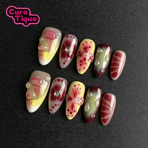 CuraTique | Blooming Gems 10PCS Handmade Press On Nails REUSABLE 3D Gel spring/summer 2025 / Prom
