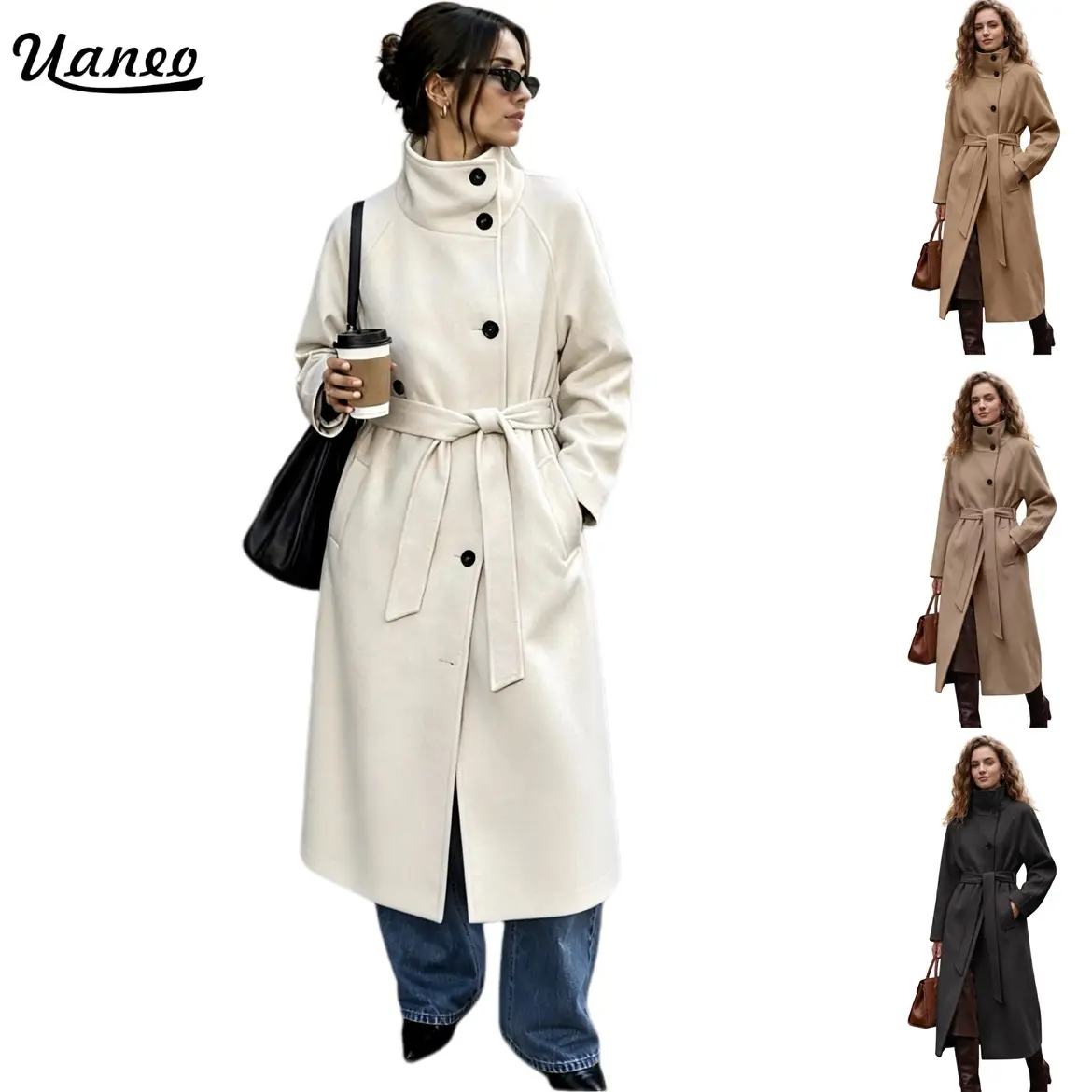 UANEO Women's Wool Blend Long Coat Stand Collar Belt Waist Midi Overcoat, Casual Elegant Winter Wool Outerwear