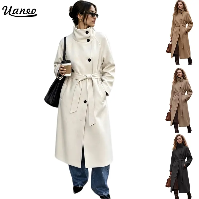 UANEO Women's Wool Blend Long Coat Stand Collar Belt Waist Midi Overcoat, Casual Elegant Winter Wool Outerwear Autumn Winter Outerwear Womenswear