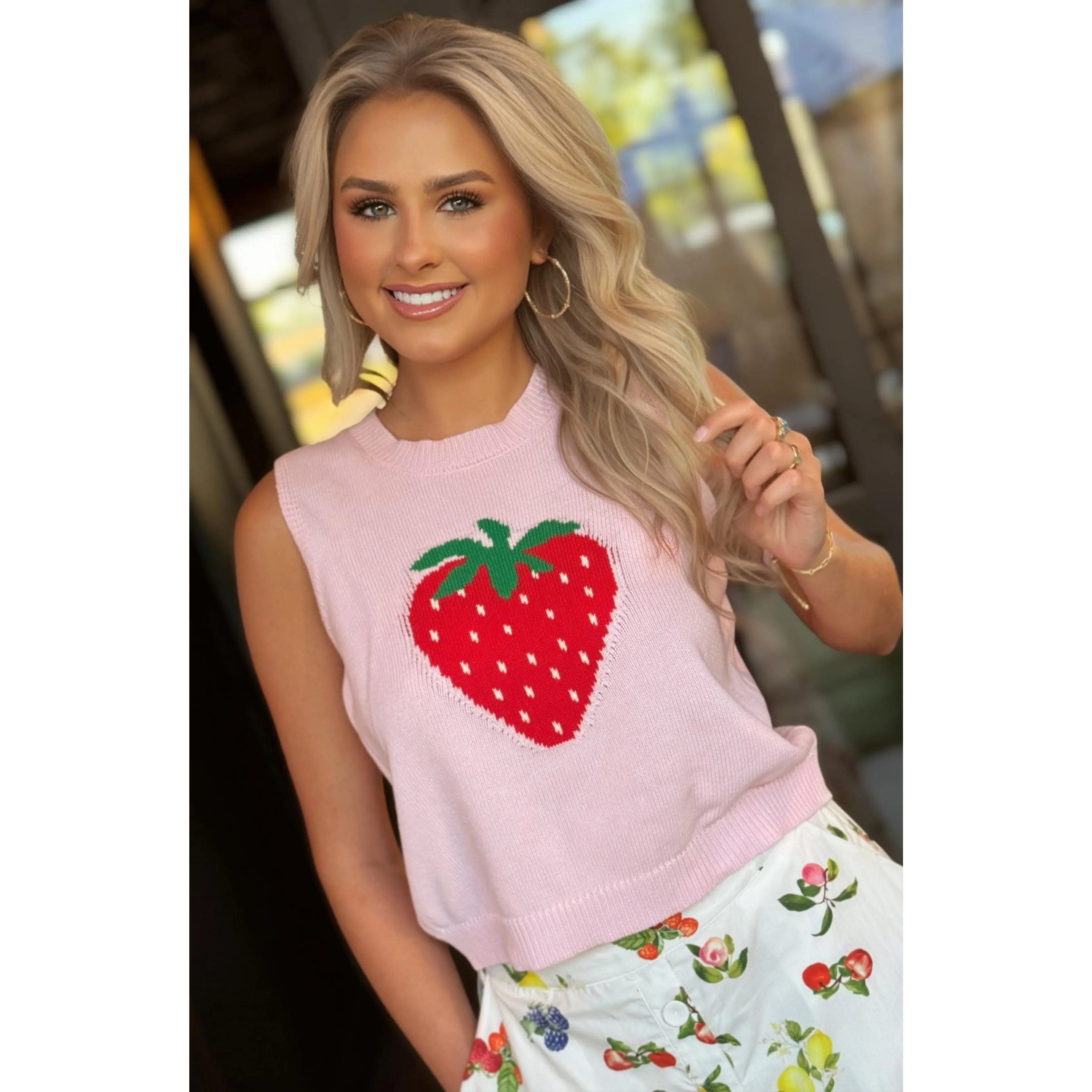 Pink Strawberry Graphic Knit Tank | Women’s Cropped Summer Top | Cute Fitted Sleeveless Sweater Tank | Trendy Fruit Top