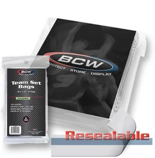 BCW Resealable Trading Card Team Set Bags for Collectors - 100 Bulk Storage Bags, 3.375in x 5in, Flap Adhesive Strip Closure, Compatible with Top Loader Sleeves & Toploaders, Shipping Protection