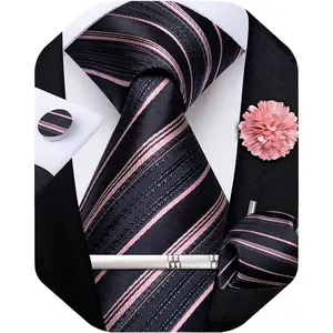Mens Tie and Lapel Pin Set Silk Plaid Solid Paisley Necktie & Pocket Square Cufflinks for Wedding Party