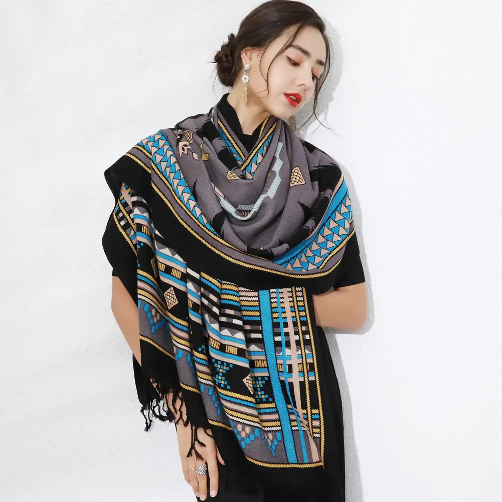 DANA XU 100% Merino Wool oversized Pashmina Blanket Travel Scarf Cashmere Wrap for Women Fall Winter Oversize Shawl Floral wrap Warm Style