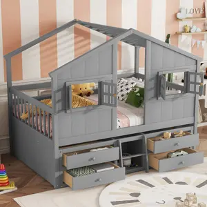 Full Size House Loft   Roof, Windows,4 Storage Drawers,Pine Wooden   Safety Guardrails,Ladder grey