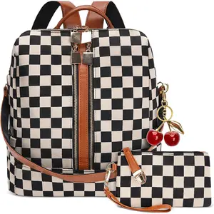 Checkered Backpack Purse for Women,Plaid  Pack Handbag,Fashion Everyday  Bag with Wallet