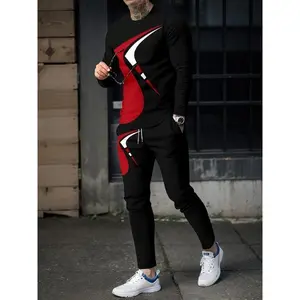 Trendy men’s two-piece outfit: casual crew-neck long-sleeve T-shirt and drawstring sweatpants joggers set for winter and fall; men’s clothing