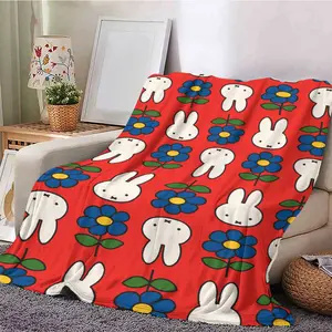 Classic Cartoon Flannel Blanket, Miffy Rabbit & Flower Elements, Soft Plush, Perfect for Sofa & Bed, Ideal Gift for Kids, Floral Print Blanket