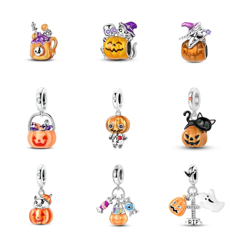 MULA S925 Silver-Plated Halloween Charms - Spooky Pumpkins, Witch Cats, Ghosts, Cute Monsters - Compatible with Pandora Bracelets, Witchcraft Themed, Costume Party Collectibles, Personalized Jewelry Gift for Girls, Costume Parties, Charms & Pendants