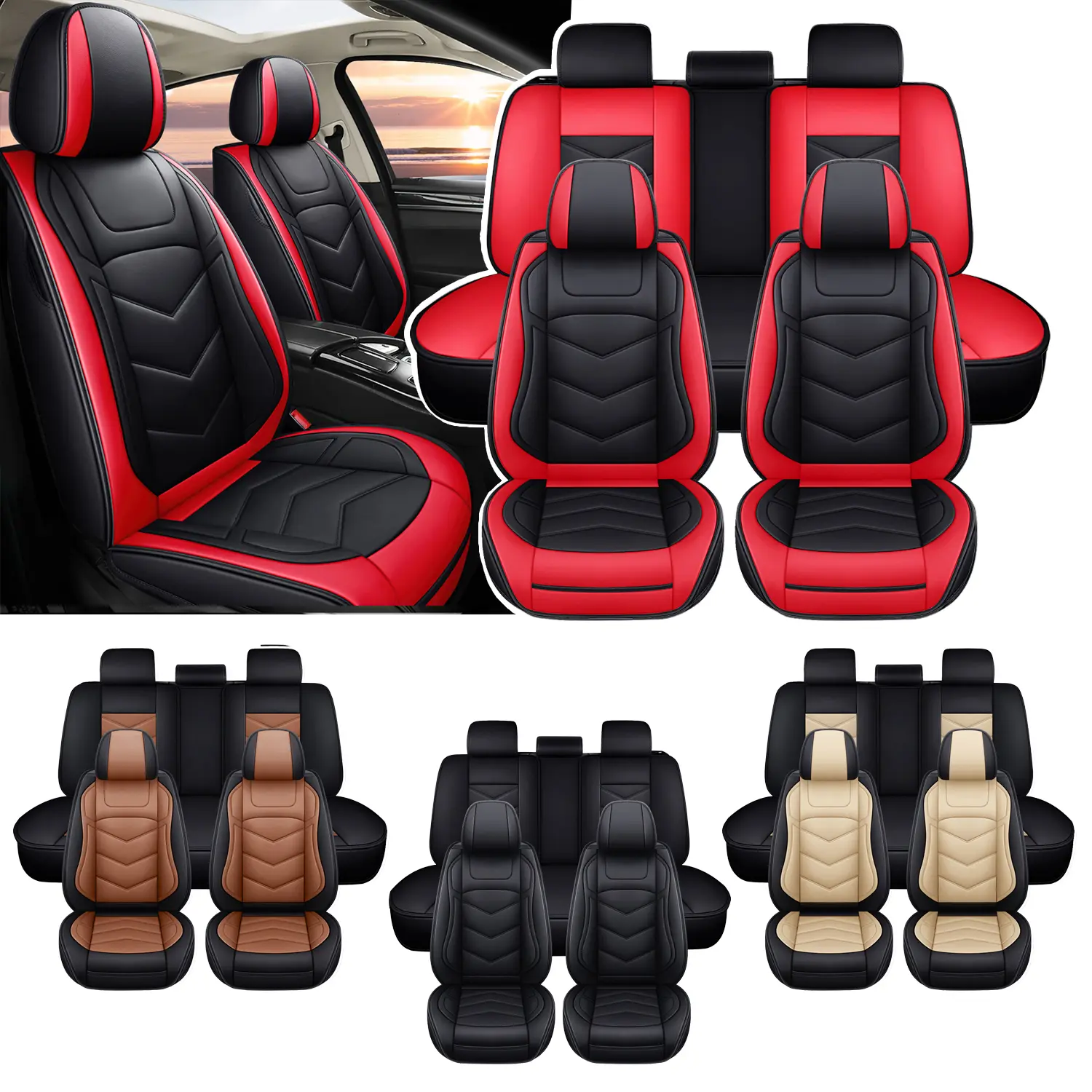 5-Seats Full Set Car Seat Covers,Universal Leather Car Seat Protector Cover,40/60 Split Rear Bench Cover,Fit For Toyota Tacoma/ 4Runner/ RAV4 /Honda /Hyundai/Elantra/Tucson/Sonata/Accent/ Mazda/Altima /Sentra