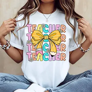 Teacher Teacher Teacher With Yellow Bow And Flowers Print T Shirt Casual Short Sleeve Top For Women