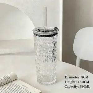 530ml Textured Glass Tumbler with Lid and Straw, Leakproof Reusable Iced Coffee Cup, Smoothie & Soda, Portable Travel Glass for Home Office and Outdoor, Dishwasher Safe, Ideal Gift for Coffee Lovers & TrendyHomeEssentials Bottles Mug