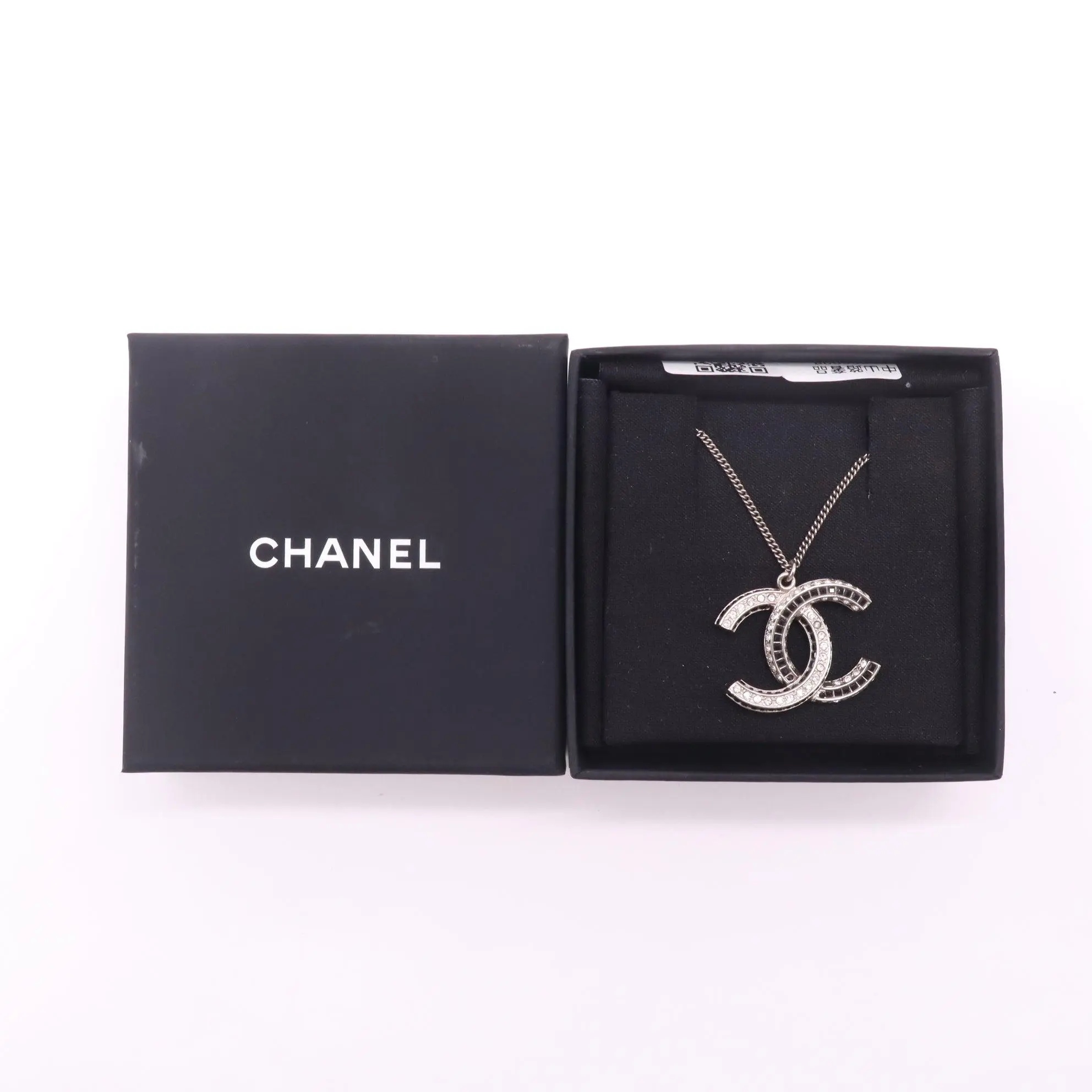 Pre-owned Chanel Baguette Crystal Large CC Necklace Silver Black twins LDZ414