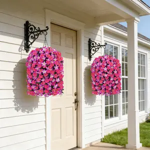 Ivydale Artificial Flowers with Basket for Outdoors, 3pcs Faux Hanging Morning Glory Silk Fake Flowers Lifelike Plants UV Resistant Flowers for Outside Planter Patio Garden Porch Decor (Purple red)