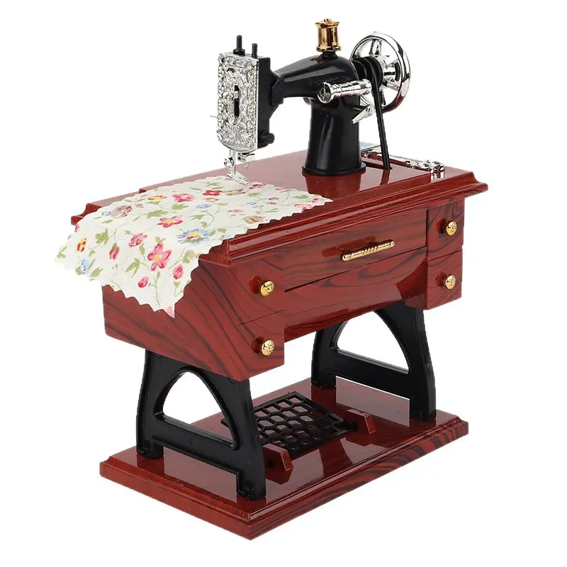 Brown Mini Sewing Machine-Style Plastic Musical Moving Box - Gift-Ready Charm, Drawer Opens for Melody, Mini Desk Decor, Decoration Items, Home Flower Design Home Decor Gift for Grandma, Compact 5.2×3.1×6.3 In Fits Shelves