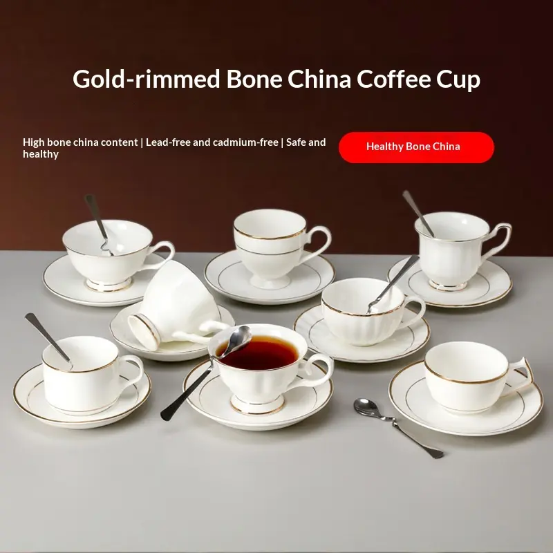 Gold-Rimmed Bone China Coffee Cup Set - High Content Lead-Free Cadmium-Free Safe Mug, English-Style 200ml Gold Foil Cup, Chinese Craftsmanship for Elegant Home Festive Party Disposable Tableware