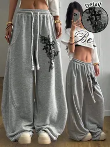 Women's Loose Vintage Punk Street Style Sword Pants, Cross Wing Print, Elastic Design, Casual Natural Fit, All Seasons, Fashionable Plain Color