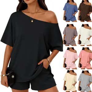 2 Piece Sets Womens Off The Shoulder Tops Casual Oversized Tees Short Sleeve T Shirts Summer Trendy Clothes