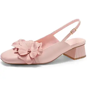Coutgo Women's Slingback Chunky Heels Flower Closed Square Toe Pumps Work Dress Shoes (Choose a Size up)