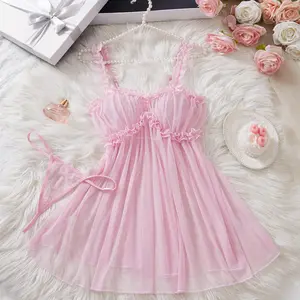 AESKEIA Sexy Sheer Pink Mesh Temptation Camisole Women's Lingerie Dress Nightgown and Underwear Set with Ruffle Details