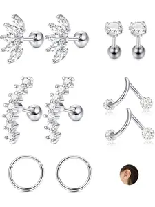 5 Pairs Stainless Steel Silver Ear Cartilage Earrings for Women Tragus Helix Earring Cute Conch Flat Back Piercing Jewelry 16G