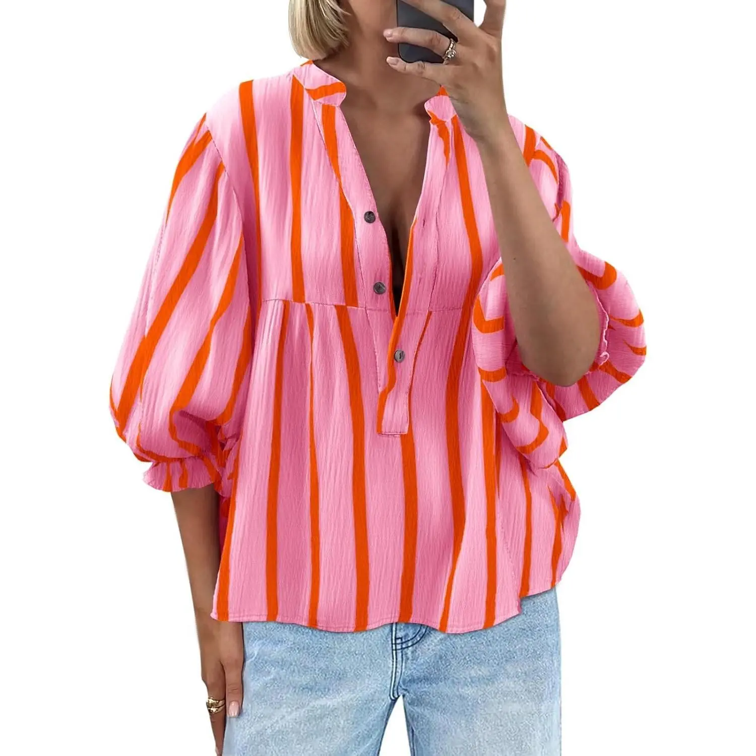 FMEYOA Womens Puff Sleeve Babydoll Tops Summer V Neck Striped Blouse Cute Casual Loose Fit Flowy Shirts