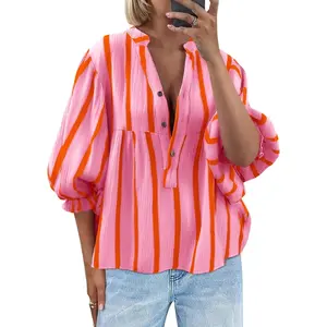 FMEYOA Womens Puff Sleeve Babydoll Tops Summer V Neck Striped Blouse Cute Casual Loose Fit Flowy Shirts