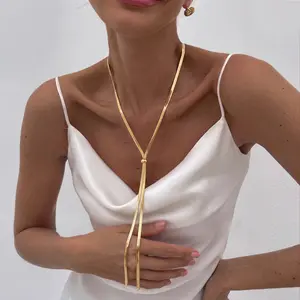 Tewiky 39 inches Lariat Long Gold Necklace for Women Long Adjustable Snake Chain with Bead Dress Sweater Chain 14K Gold Plated Y-Shaped Drop Dangle Prom Jewelry Gold summer outfits Gifts