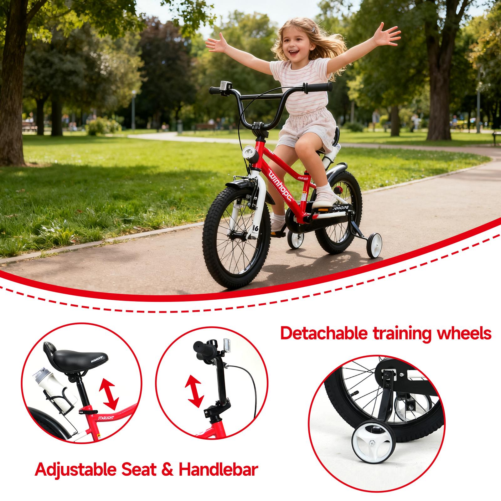 WinHope Star Light Kids’ Bicycle Ages 2–9 | 12–18 inch with training wheels, front light, fenders, water bottle holder | 95% preassembled, dual brakes, adjustable seat/handlebar